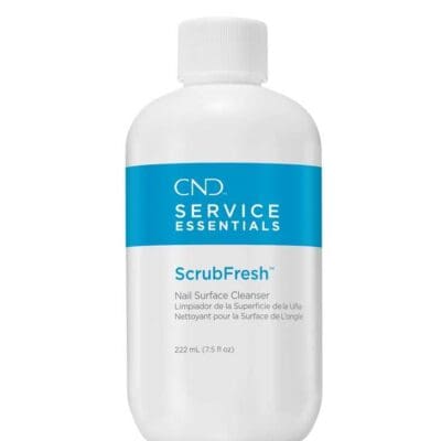 Sentence with Product Name: A bottle of CND Scrubfresh 8oz, labeled in English and French, against a white background.
