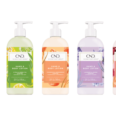 Five bottles of CND Scentsations Hand & Body Lotion 33oz in various scents are displayed in a row. Each bottle has a different color and fruit design on the label, making them both visually appealing and delightful to use.