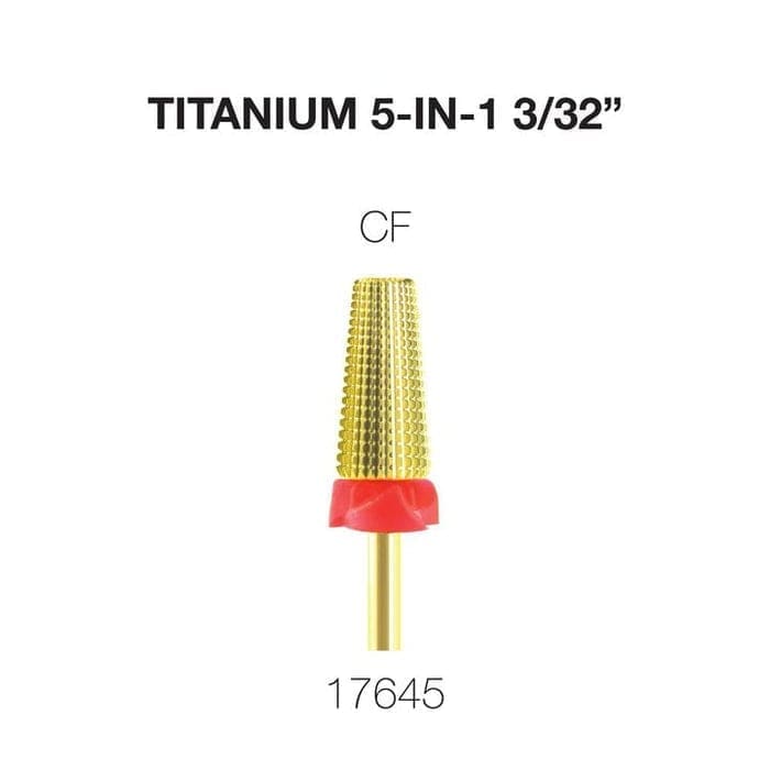 Image of a Cre8tion 5 in 1 Titanium Tungsten Bit 3/32” featuring a cylindrical, textured gold tip and a red ring labeled CF. The drill bit is identified with the number 17645.