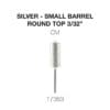 A small silver barrel with a round top, measuring 3/32 inches. This Cre8tion 2-Way Rounded Top Carbide Bit 3/32" Small Barrel, identified by number 17383, is designed for precision tasks.