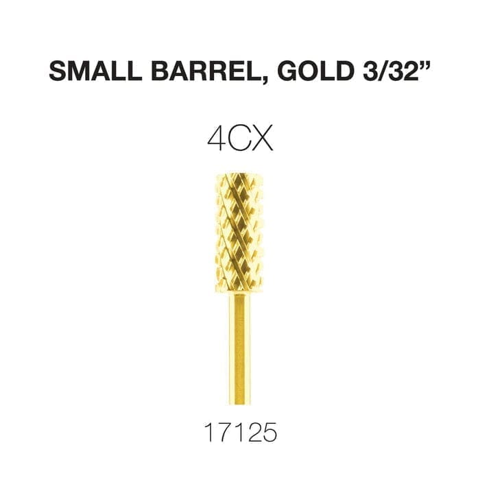 Image of a gold-colored, barrel-shaped Cre8tion 2-Way Carbide Small Barrel Bit 3/32" labeled "4CX" with a diameter of 3/32 inches and the product number 17125.