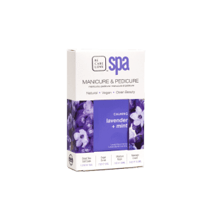 BCL Spa Manicure & Pedicure 4-Step System Single Box with lavender flowers for a soothing pampering experience.