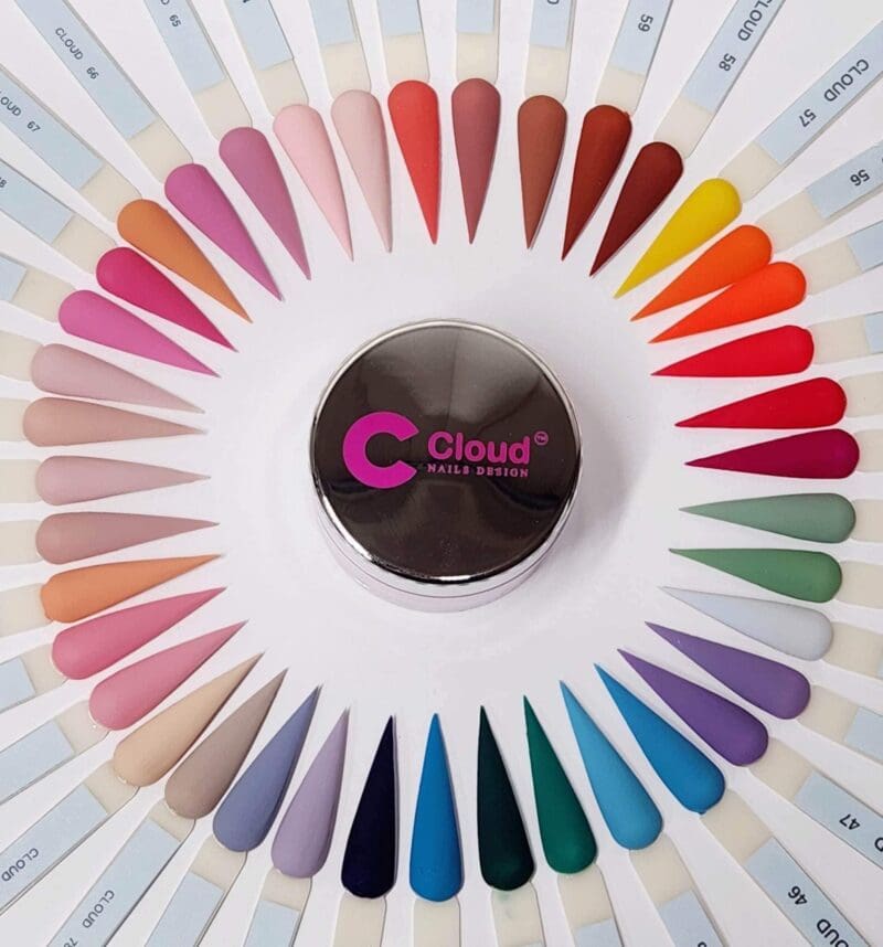A colorful Cloud Trio (Dip, Gel & Polish) circle.