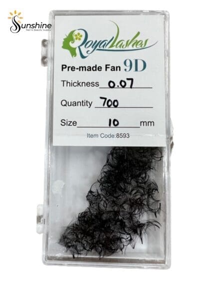 A package of black hair in a ROYAL LASHES 7D Pre-Made Fan Individual Lash 0.07 (700pcs) plastic container.