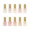 An arrangement of ten bottles labeled "Apres Light & Shadow Sheer Gel Collection 10ml" with golden caps, in two rows of five each, showcasing sheer gel shades ranging from light pinks to nudes.